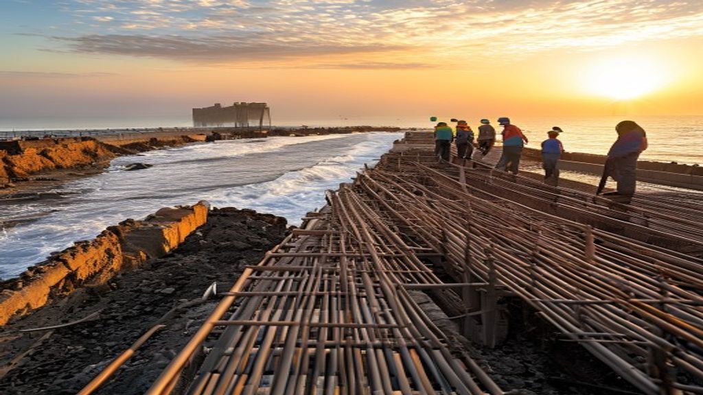 GFRP rebar being installed in a coastal seawall along the shoreline